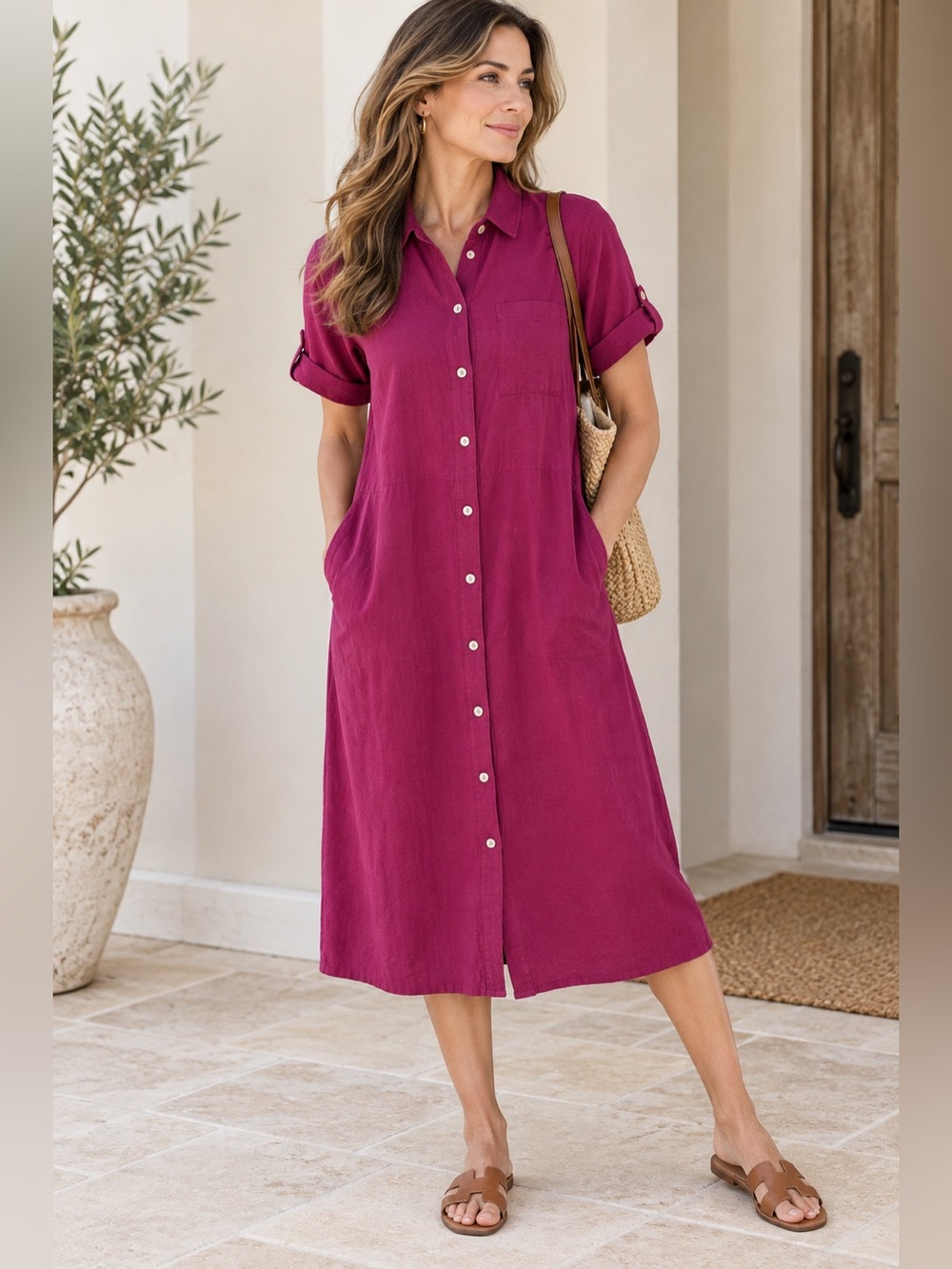 J. Jill Magenta Tencel Modal Button Front Shirt Dress Large Midi